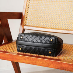 Elegant Genuine Lambskin Quilted Woven Handbag, Soft Leather Lunchbox-Style Shoulder Bag for Women