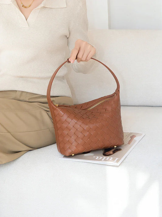 Elegant Genuine Lambskin Quilted Woven Handbag, Soft Leather Lunchbox-Style Shoulder Bag for Women