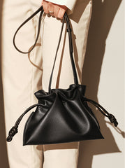 Elegant Small Cowhide Leather Shoulder Bag Crossbody Bag for Women with Drawstring Closure