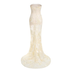 Elegant Floral Formal Gown Dress with Train, Slim Fit Luxury Backless Long Champagne Evening Dress for Weddings