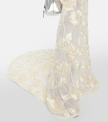 Elegant Floral Formal Gown Dress with Train, Slim Fit Luxury Backless Long Champagne Evening Dress for Weddings