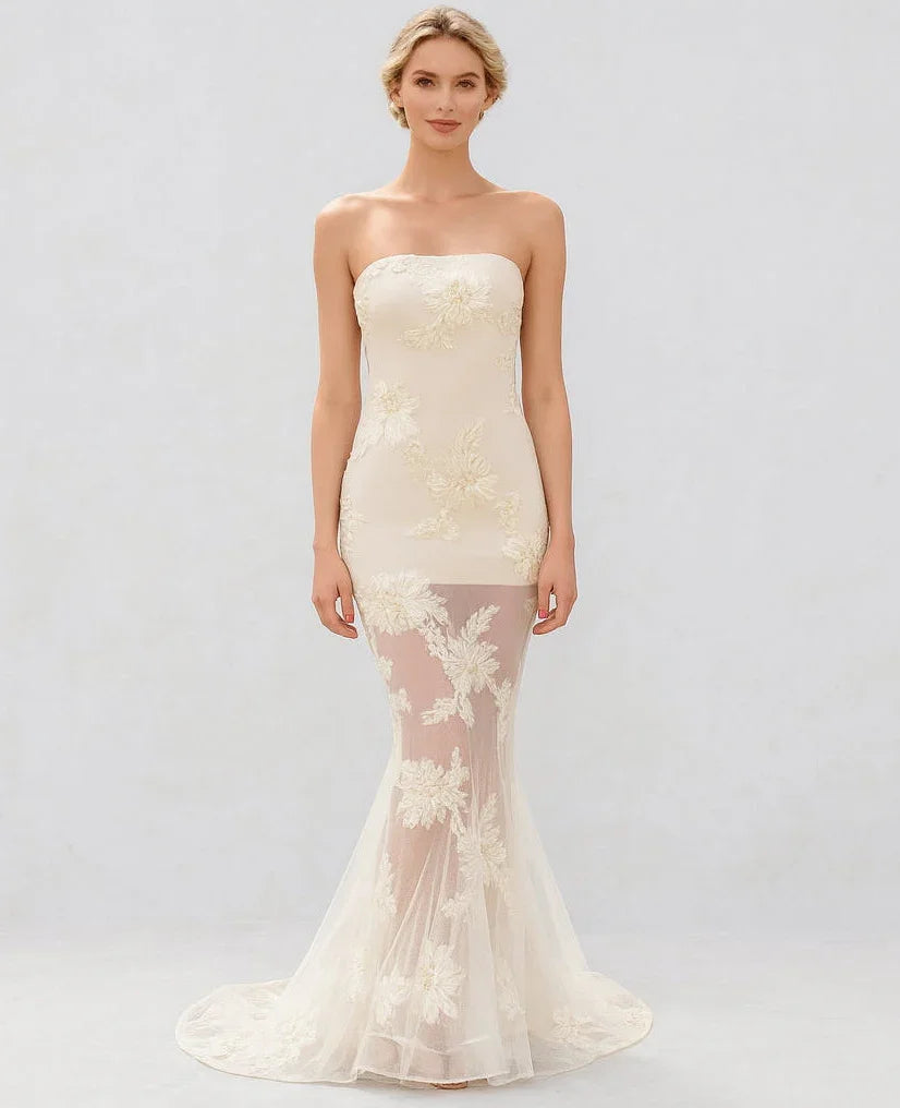 Elegant Floral Formal Gown Dress with Train, Slim Fit Luxury Backless Long Champagne Evening Dress for Weddings