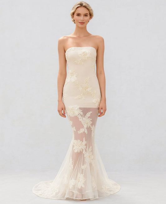 Elegant Floral Formal Gown Dress with Train, Slim Fit Luxury Backless Long Champagne Evening Dress for Weddings