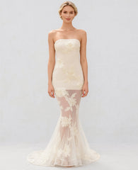 Elegant Floral Formal Gown Dress with Train, Slim Fit Luxury Backless Long Champagne Evening Dress for Weddings