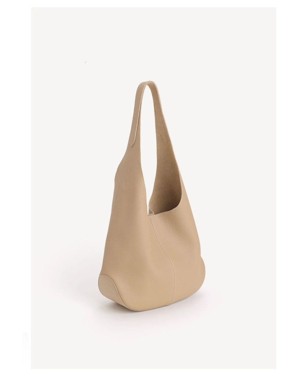 Essentials Slouchy Leather Hobo Bag, Must-have Fashion Designer Minimalist Handbag, Cowhide Bucket Bag beige