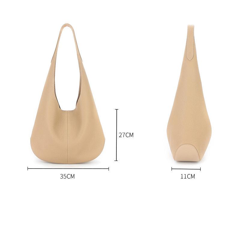 Essentials Slouchy Leather Hobo Bag, Must-have Fashion Designer Minimalist Handbag, Cowhide Bucket Bag beige