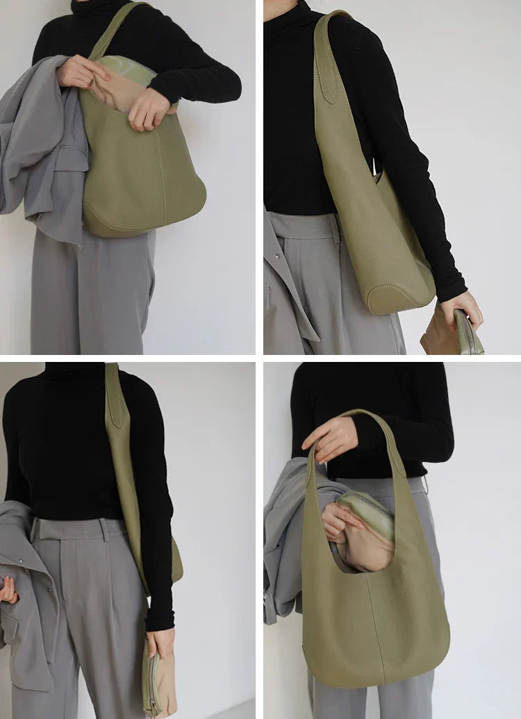 Essentials Slouchy Leather Hobo Bag, Must-have Fashion Designer Minimalist Handbag, Cowhide Bucket Bag  brown