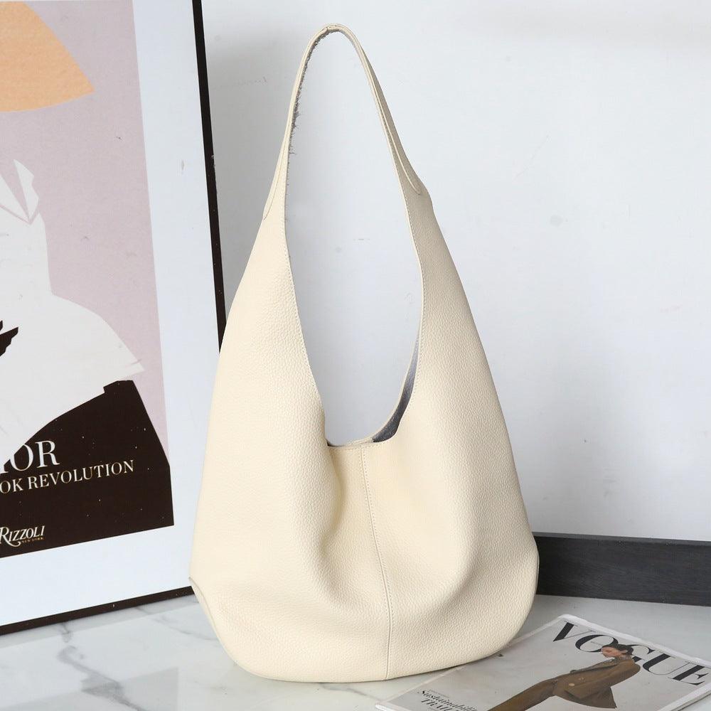 Essentials Slouchy Leather Hobo Bag, Must-have Fashion Designer Minimalist Handbag, Cowhide Bucket Bag  white
