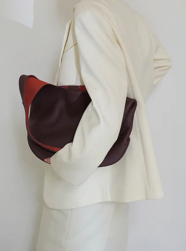 Essentials Slouchy Leather Hobo Bag, Must-have Fashion Designer Minimalist Handbag, Cowhide Bucket Bag coffee