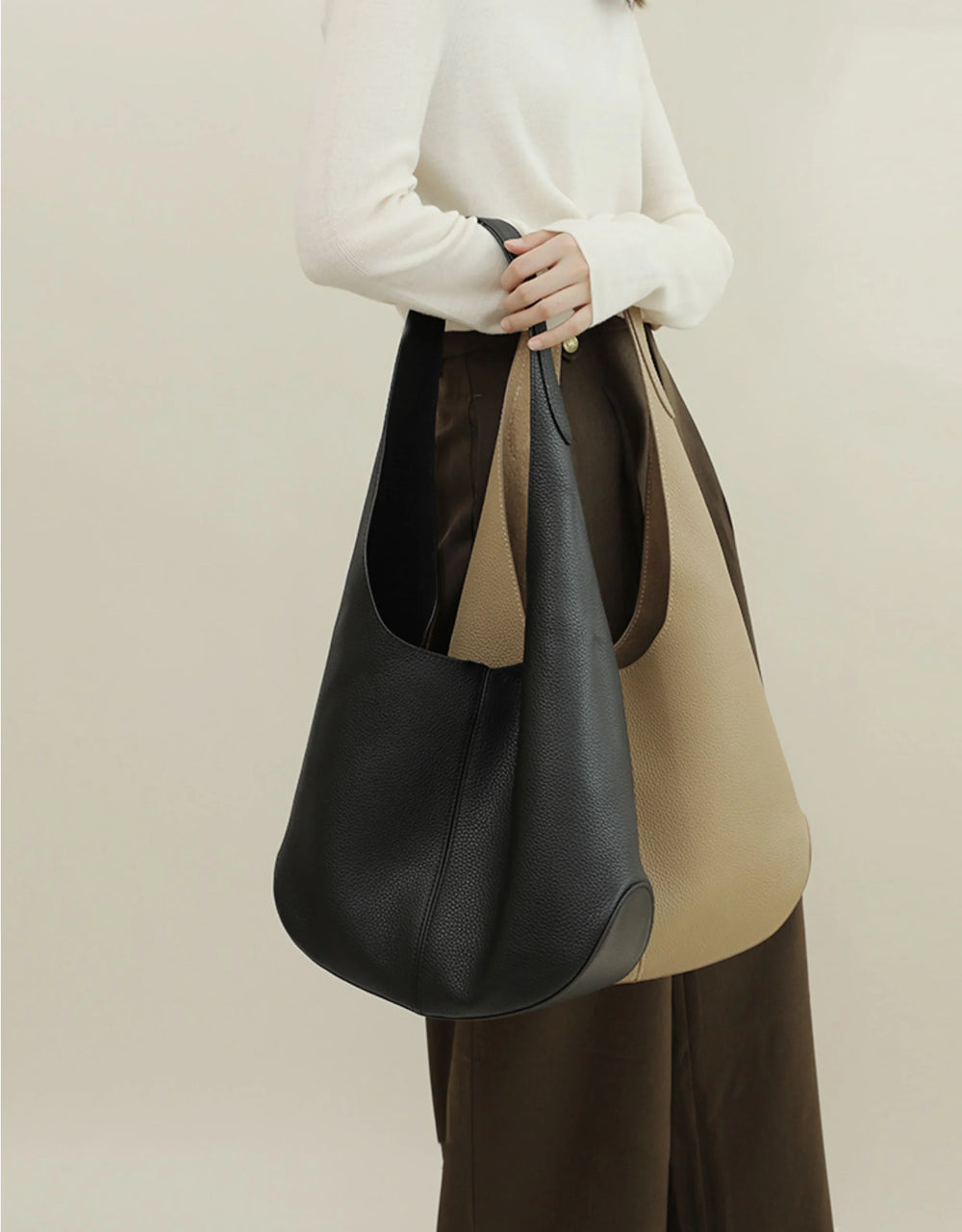 Essentials Slouchy Leather Hobo Bag, Must-have Fashion Designer Minimalist Handbag, Cowhide Bucket Bag