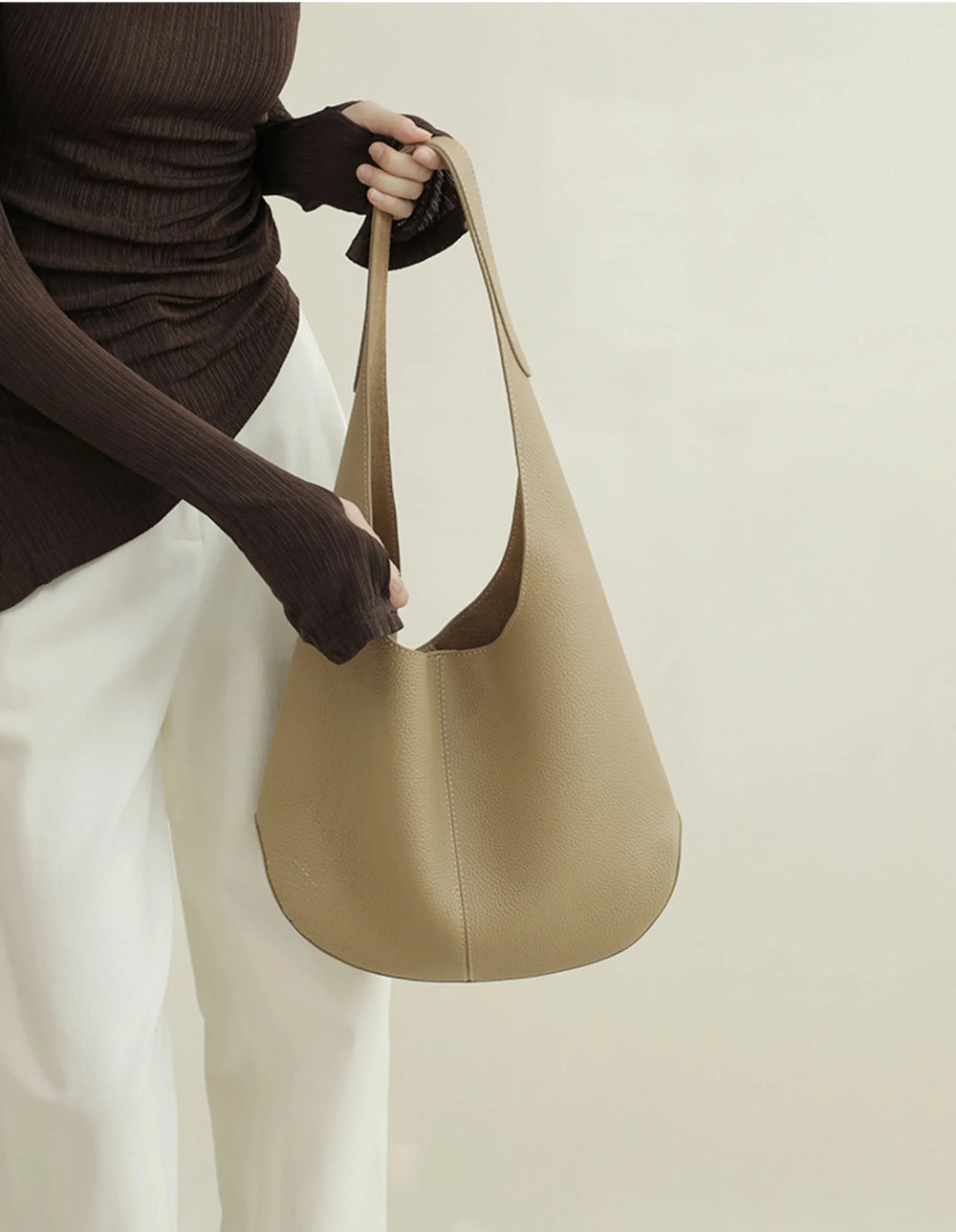 Essentials Slouchy Leather Hobo Bag, Must-have Fashion Designer Minimalist Handbag, Cowhide Bucket Bag beige