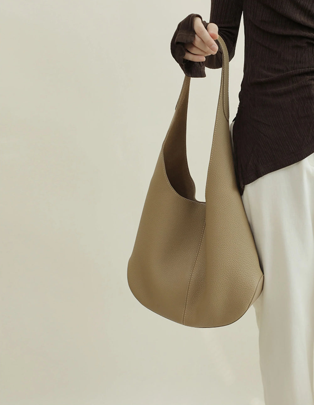 Essentials Slouchy Leather Hobo Bag, Must-have Fashion Designer Minimalist Handbag, Cowhide Bucket Bag