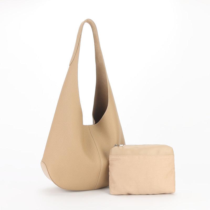 Essentials Slouchy Leather Hobo Bag, Must-have Fashion Designer Minimalist Handbag, Cowhide Bucket Bag beige