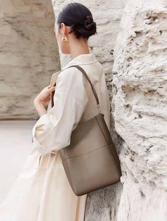 Extra Large Genuine Leather Bucket Bag, Minimalist Classic Leather Tote Bag, Fashion Designer Shoulder Bag Wide Strap, Gift For Her