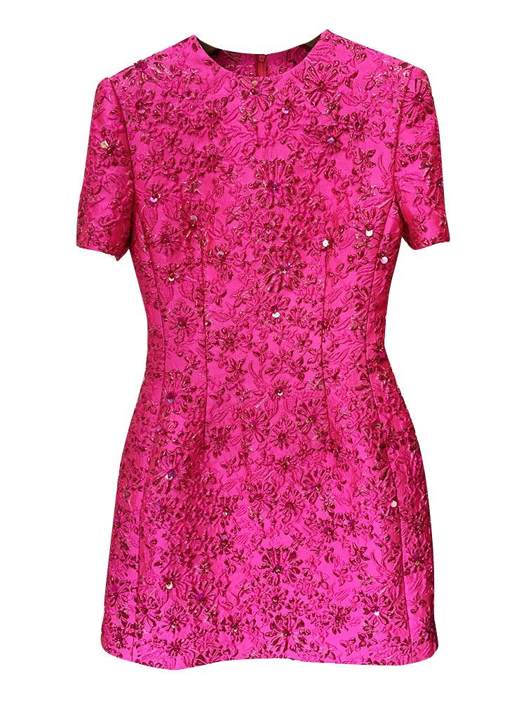 Fashion Runway Fuchsia: Jacquard Handcrafted Beaded Party Dress and Jacket | Semi-Formal Dress, Evening Gown, Wedding Dress