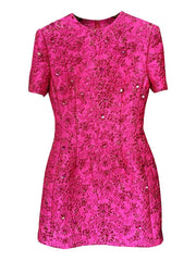 Fashion Runway Fuchsia: Jacquard Handcrafted Beaded Party Dress and Jacket | Semi-Formal Dress, Evening Gown, Wedding Dress
