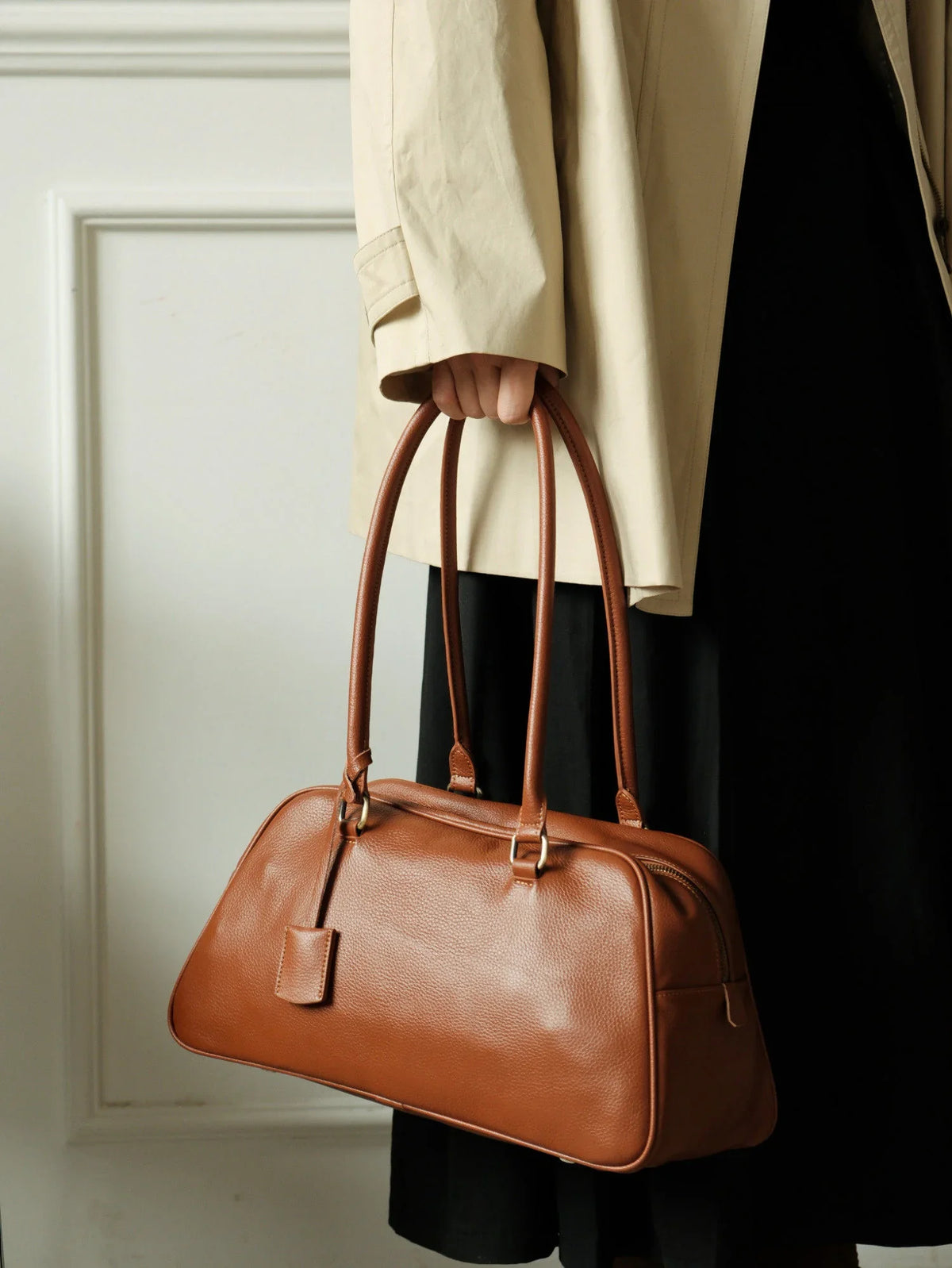 Full Grain Leather Bowling Bag – Handcrafted Structured Boston Shoulder Bag | Cowhide Top Handle Handbag