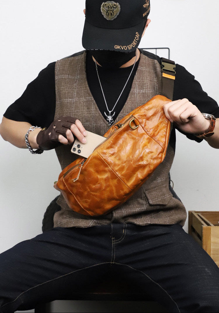 Full Grain Leather Chest Bag | Men's Distressed Crossbody Sling Bag with Phone Pocket
