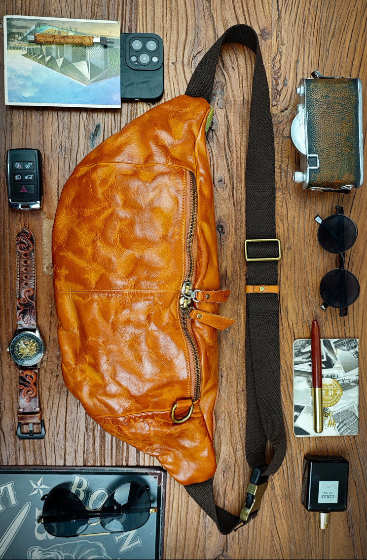 Full Grain Leather Chest Bag | Men's Distressed Crossbody Sling Bag with Phone Pocket