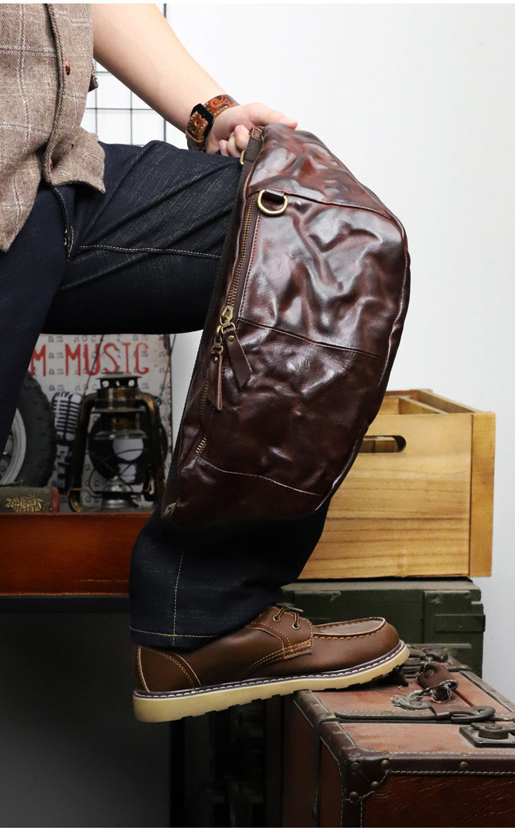 Full Grain Leather Chest Bag | Men's Distressed Crossbody Sling Bag with Phone Pocket