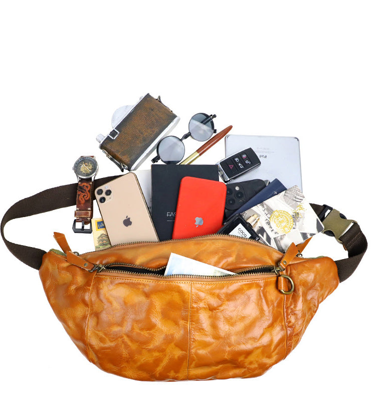 Full Grain Leather Chest Bag | Men's Distressed Crossbody Sling Bag with Phone Pocket
