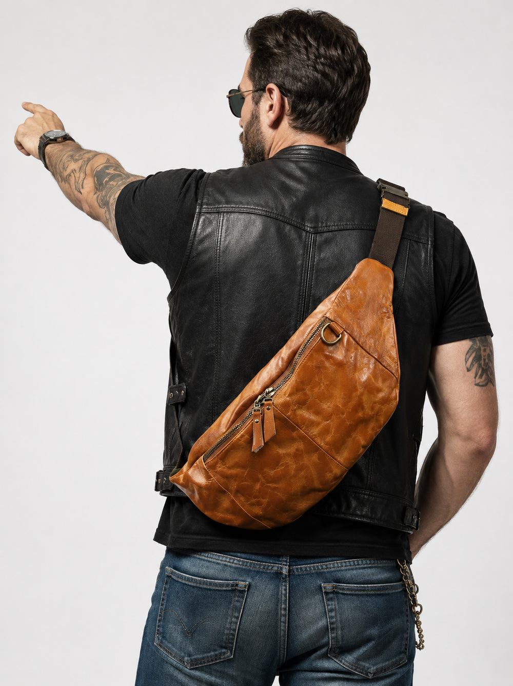 Full Grain Leather Chest Bag | Men's Distressed Crossbody Sling Bag with Phone Pocket