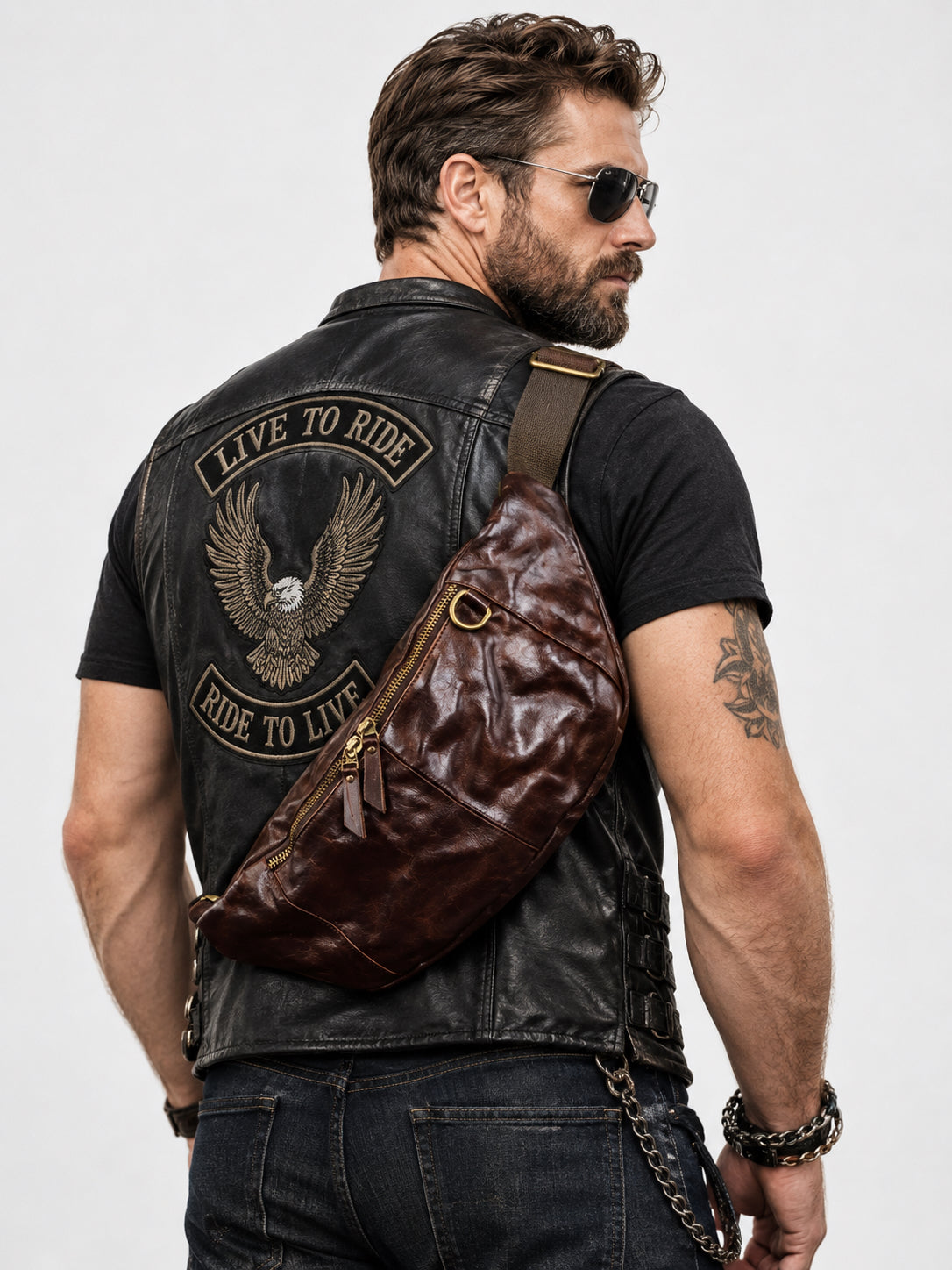 Full Grain Leather Chest Bag | Men's Distressed Crossbody Sling Bag with Phone Pocket