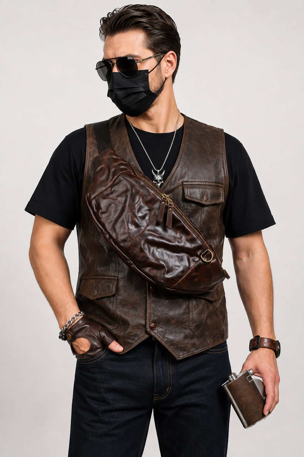 Full Grain Leather Chest Bag | Men's Distressed Crossbody Sling Bag with Phone Pocket