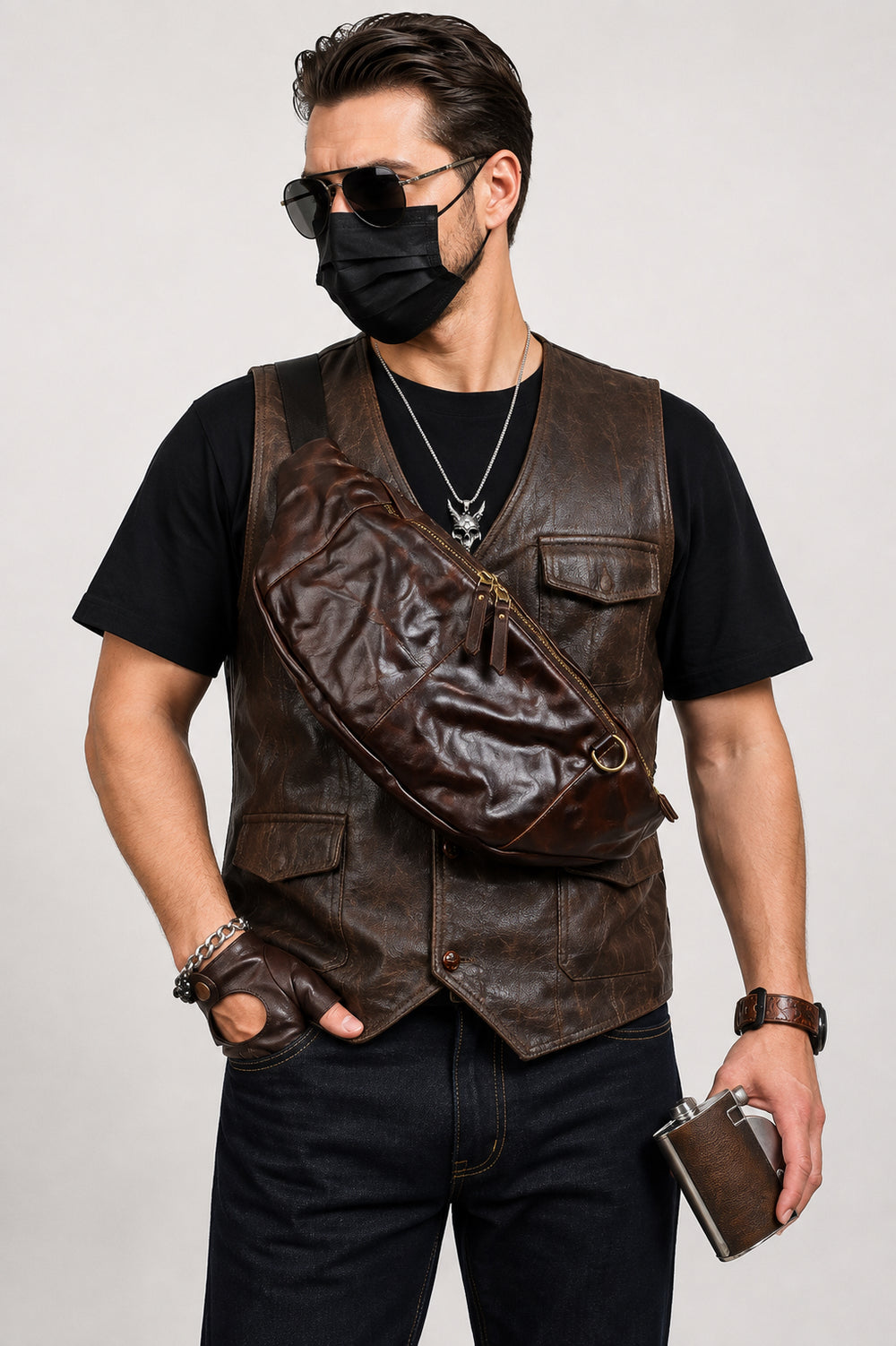 Full Grain Leather Chest Bag | Men's Distressed Crossbody Sling Bag with Phone Pocket