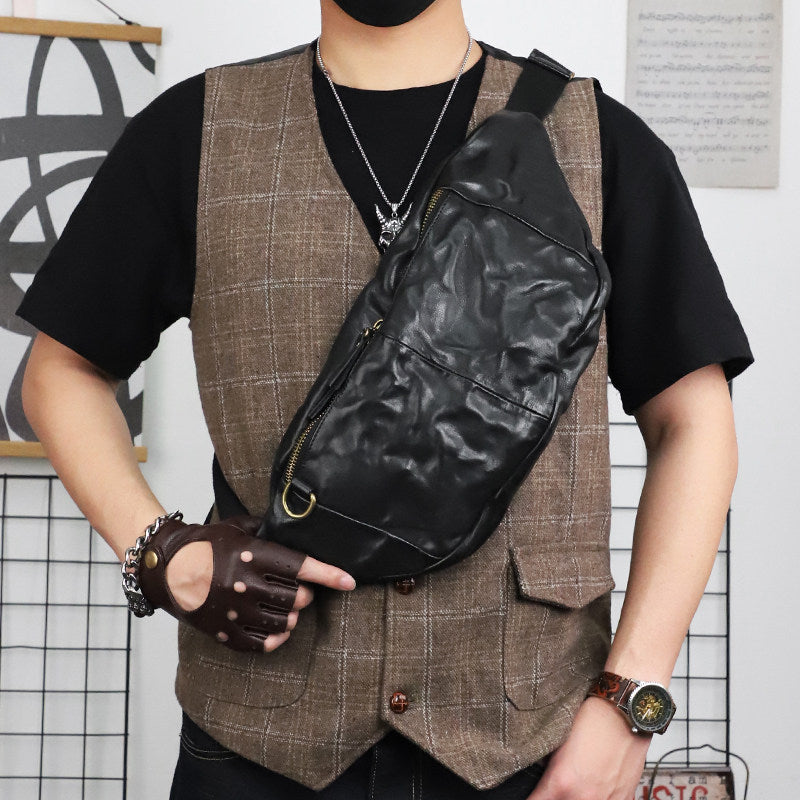 Full Grain Leather Chest Bag | Men's Distressed Crossbody Sling Bag with Phone Pocket