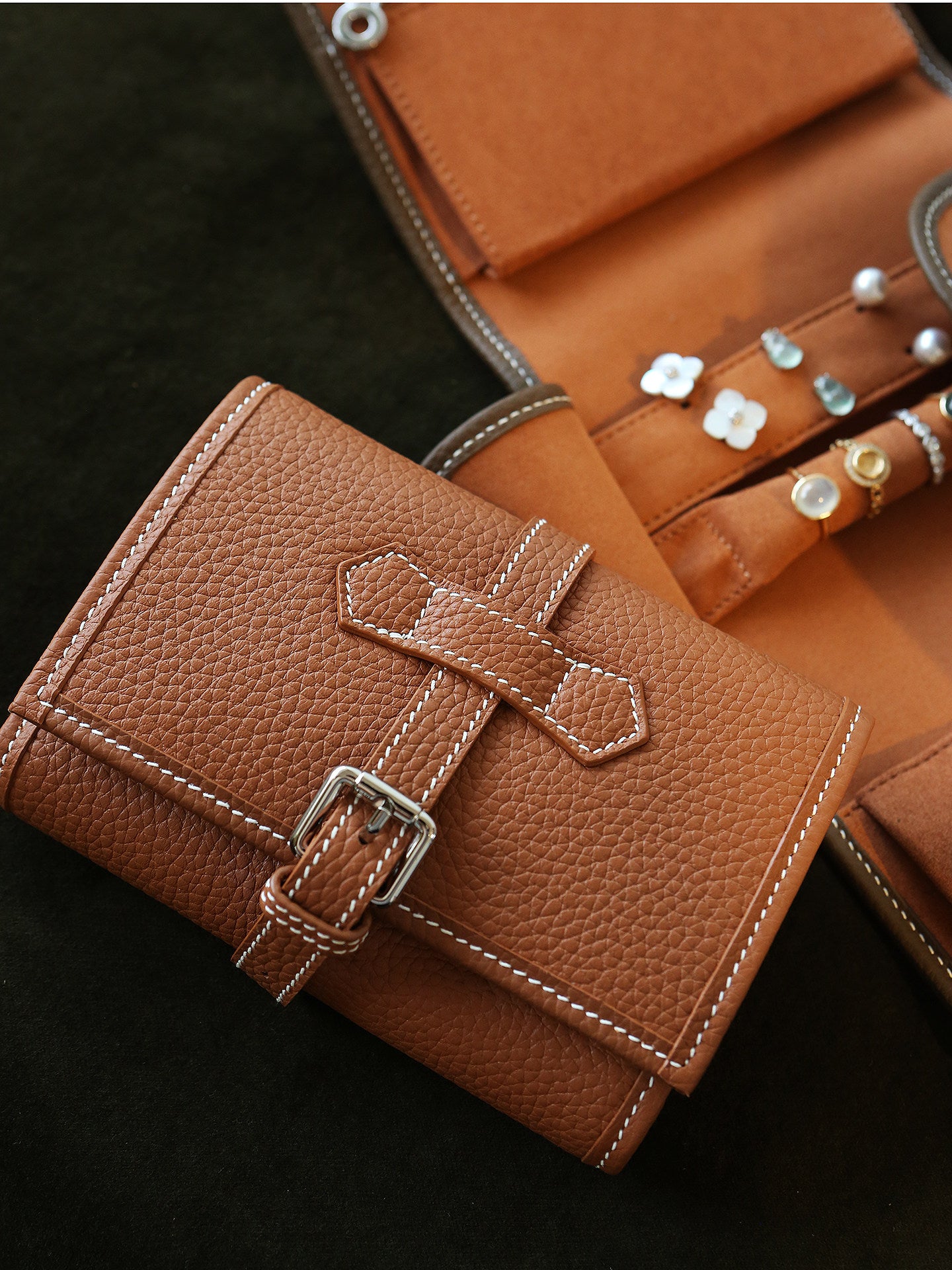 Handcrafted Full Grain Leather Jewellery Travel Organizer, Luxury Cowhide Jewellery Roll with Ring & Earring Holder, Portable Storage Case