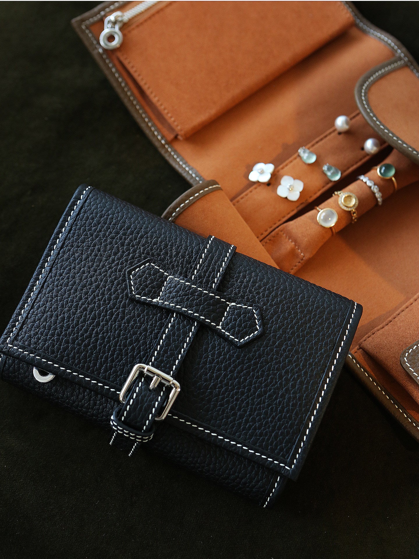 Handcrafted Full Grain Leather Jewellery Travel Organizer, Luxury Cowhide Jewellery Roll with Ring & Earring Holder, Portable Storage Case