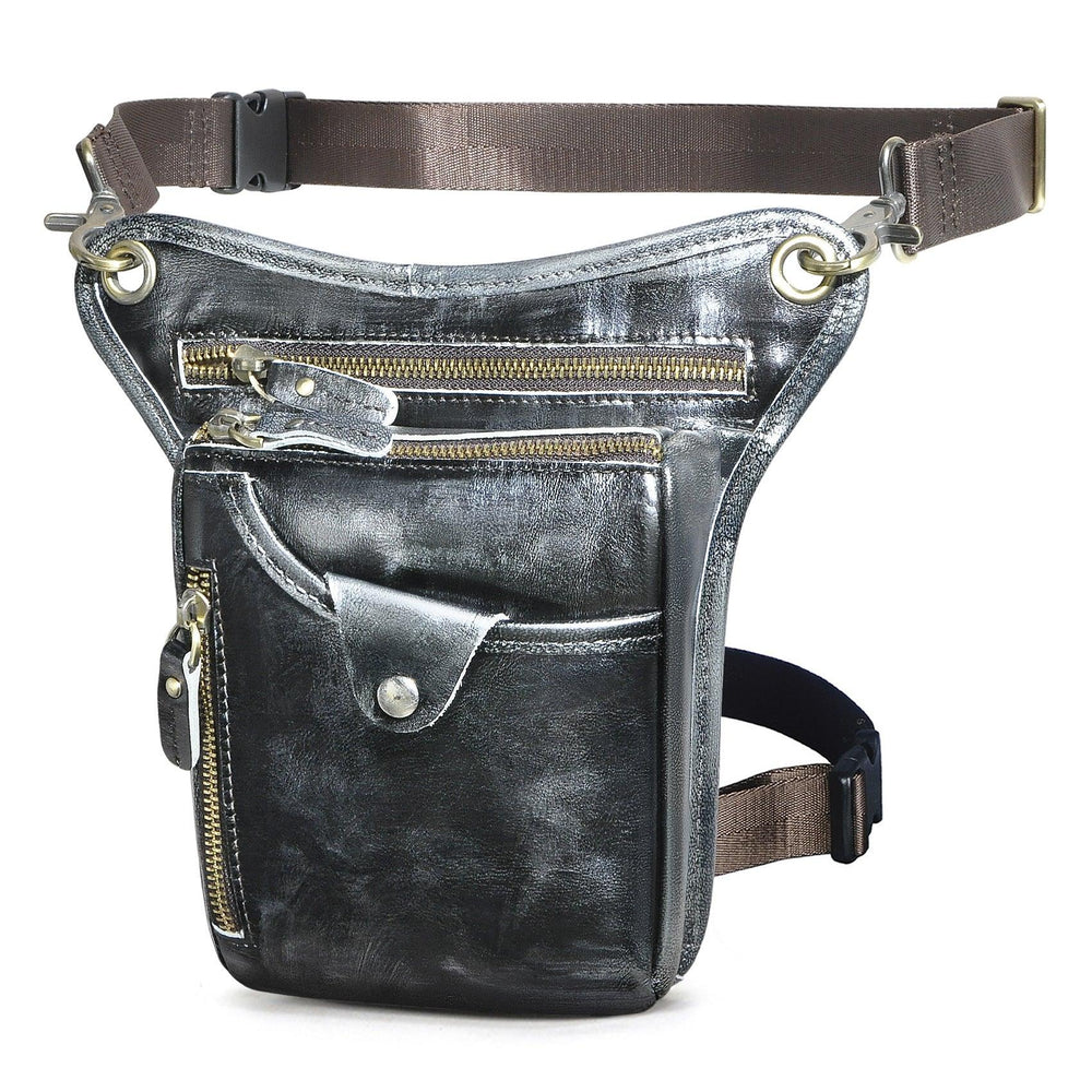 Full grain black leather leg bag with zip pockets and adjustable waist strap for men or women