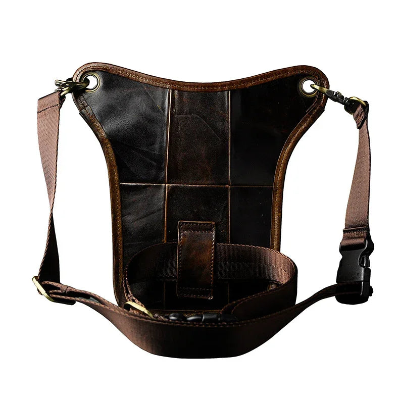 Full grain dark brown leather leg bag with zipper pockets and metal rivet details
