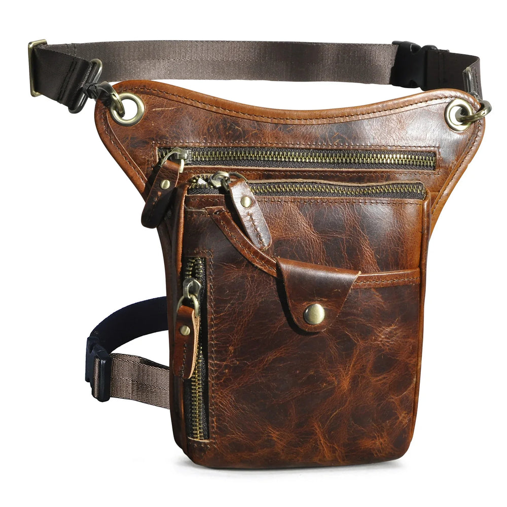Full grain leather leg bag for men, worn at the waist, with zipper pockets, outdoor setting Red Brown
