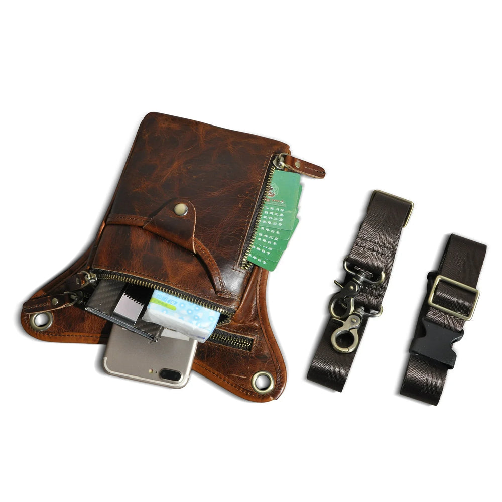 Full grain leather leg bag for men, worn at the waist, with zipper pockets, outdoor setting Red Brown