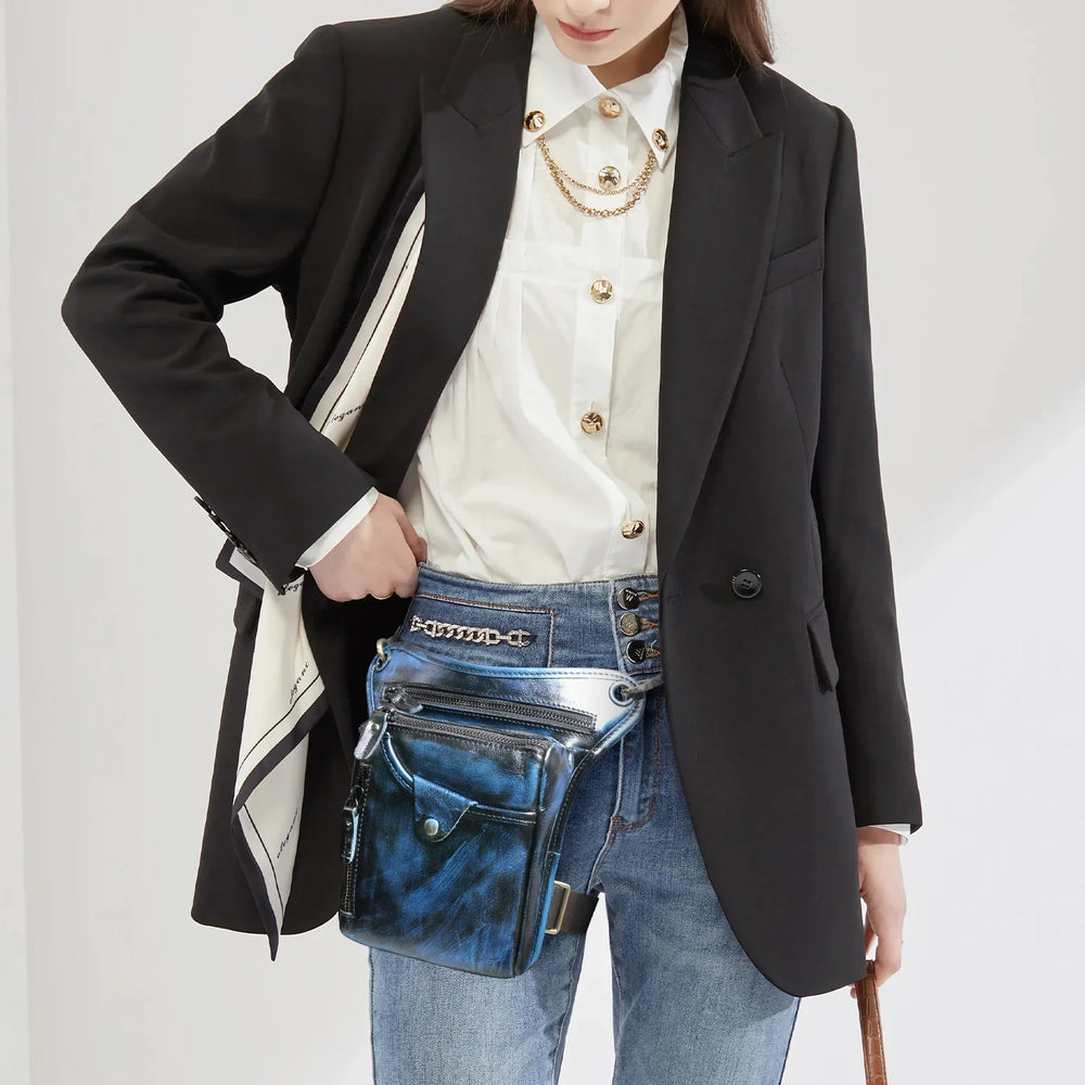 Full grain leather blue leg bag with zippered pockets and adjustable straps