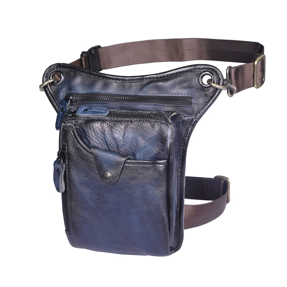 Full grain leather leg bag with multiple zippered pockets and adjustable brown straps