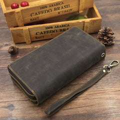 Full Grain Leather Long Wallet, Mens Zipper Wallet, Women Bifold Wallet, Heavy Duty Double-Layer Cowhide Tall Wallet, Fathers Gift for Him