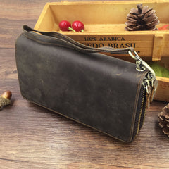 Full Grain Leather Long Wallet, Mens Zipper Wallet, Women Bifold Wallet, Heavy Duty Double-Layer Cowhide Tall Wallet, Fathers Gift for Him