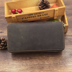 Full Grain Leather Long Wallet, Mens Zipper Wallet, Women Bifold Wallet, Heavy Duty Double-Layer Cowhide Tall Wallet, Fathers Gift for Him