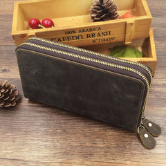 Full Grain Leather Long Wallet, Mens Zipper Wallet, Women Bifold Wallet, Heavy Duty Double-Layer Cowhide Tall Wallet, Fathers Gift for Him