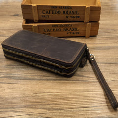 Full Grain Leather Long Wallet, Mens Zipper Wallet, Women Bifold Wallet, Heavy Duty Double-Layer Cowhide Tall Wallet, Fathers Gift for Him