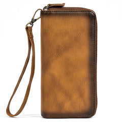 Full Grain Leather Long Wallet, Mens Zipper Wallet, Women Bifold Wallet, Heavy Duty Double-Layer Cowhide Tall Wallet, Fathers Gift for Him