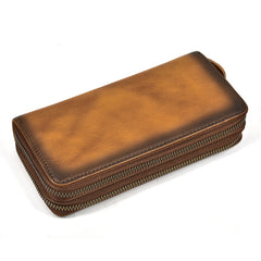 Full Grain Leather Long Wallet, Mens Zipper Wallet, Women Bifold Wallet, Heavy Duty Double-Layer Cowhide Tall Wallet, Fathers Gift for Him