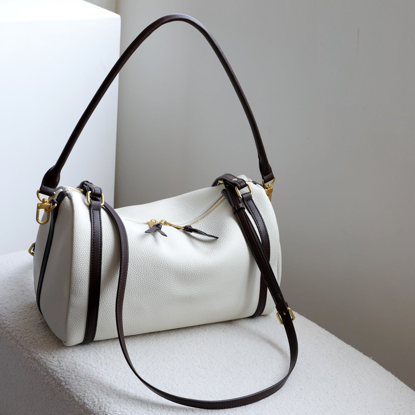 Full Grain Leather Pillow Boston Bag – Pebbled Cowhide & Suede Shoulder Bag | Gold Hardware, Top Handle & Crossbody Strap