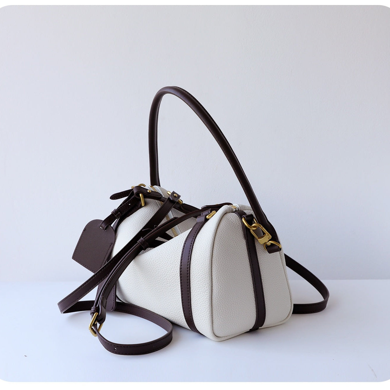 Full Grain Leather Pillow Boston Bag – Pebbled Cowhide & Suede Shoulder Bag | Gold Hardware, Top Handle & Crossbody Strap