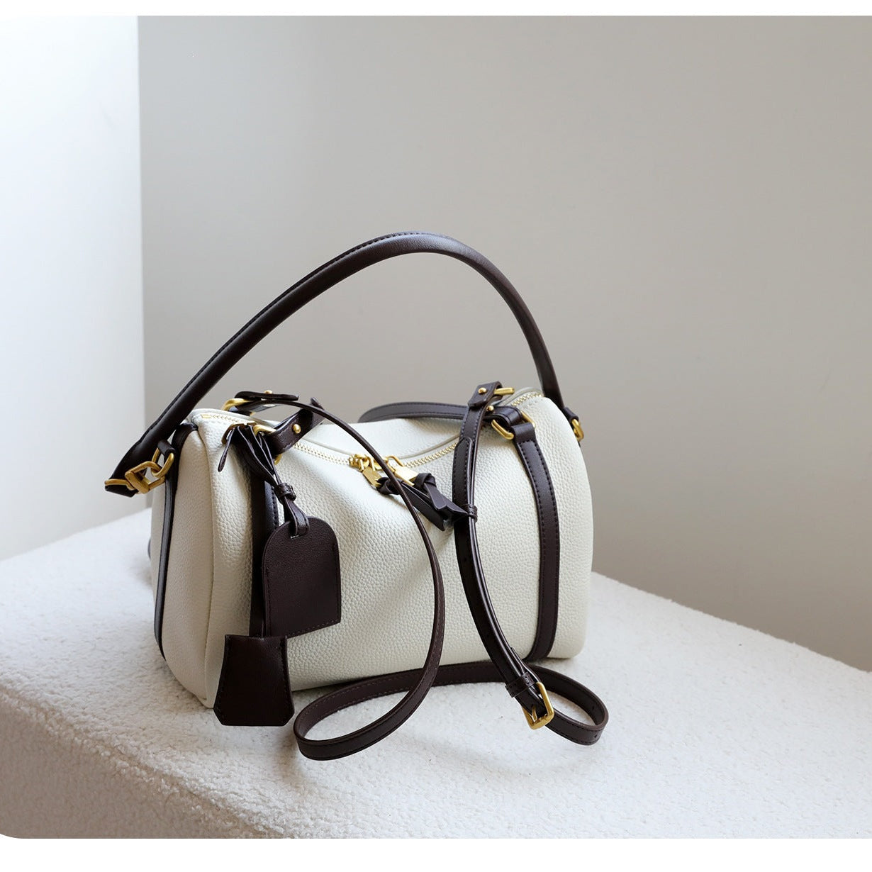 Full Grain Leather Pillow Boston Bag – Pebbled Cowhide & Suede Shoulder Bag | Gold Hardware, Top Handle & Crossbody Strap