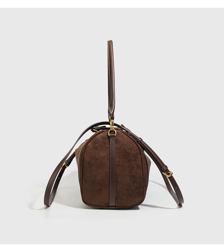 Full Grain Leather Pillow Boston Bag – Pebbled Cowhide & Suede Shoulder Bag | Gold Hardware, Top Handle & Crossbody Strap