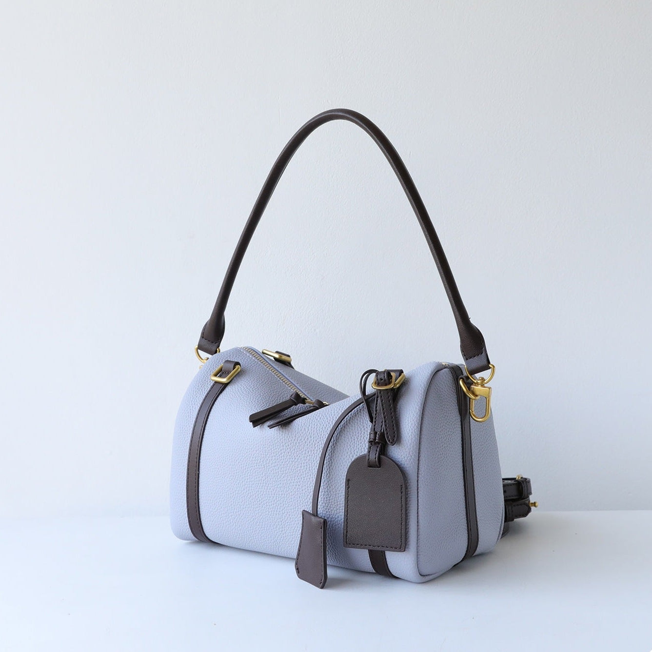 Full Grain Leather Pillow Boston Bag – Pebbled Cowhide & Suede Shoulder Bag | Gold Hardware, Top Handle & Crossbody Strap